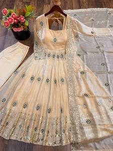 Ensemble de robe de soirée en soie Salsa pour femme avec broderie de sequins et dentelle fantaisie, dupatta, longueur cheville, séchage rapide, extensible, élégant - Product Image 6