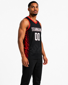 Maillot de basket-ball personnalisé pour homme, noir et rouge, col en V, sans manches, sublimé, respirant, vêtements de sport pour équipe adulte - Product Image 5