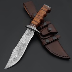 Couteau de chasse à lame fixe en acier Damas de qualité industrielle OEM, ultra-affûté, à pointe clip, avec manche en cuir, pour l'extérieur - Product Image 1