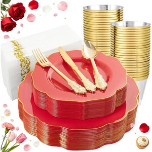 Set di stoviglie in plastica rossa da 175 pezzi, posate dorate usa e getta, include 50 piatti in plastica rossi e dorati, 25 coltelli, 25 forchette, 25 posate per feste - Product Image 1