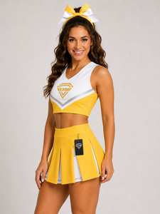Ensemble de jupe jaune et blanche pour uniforme de cheerleading, tenue de performance pour femmes adultes, prix de gros, uniforme personnalisé OEM - Product Image 1