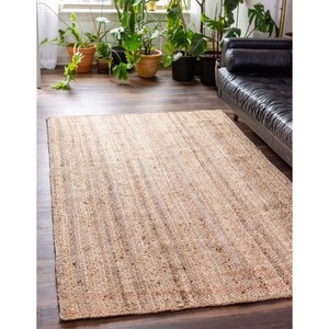 Modern Striped Jute Area <b>Rug</b> Rectangle Flat Weave Natural Beige Tone <b>Thin</b> Pile Living Room <b>Rug</b> - Product Image 2
