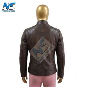 Chaqueta de Cuero Genuino Marrón Oscuro para Hombre, Estilo Biker Cafe Racer, con Cierre de Cremallera Impermeable, Cuello Alto y Logotipo Frontal - Product Image 2