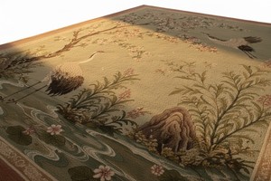 Alfombra de Lana Pura Anudada a Mano de Lujo, Diseño Tradicional Chinoiserie con Patrón de Grullas, Color Verde Salvia, Alfombra Oriental Floral Hecha a Mano Personalizada - Product Image 4