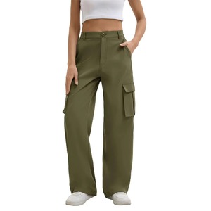 Pantalon cargo taille haute pour femme, vert olive, coupe ample, longueur intégrale, taille élastique, pantalon utilitaire décontracté avec poches - Product Image 3