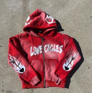 <b>Red</b> Washed Zip Hoodie <b>Men</b> Vintage Streetwear <b>Sweatshirt</b> Graphic Print Fleece Hooded Jacket Winter - Product Image 1
