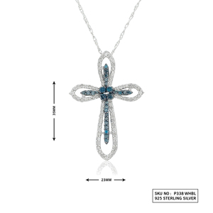 Collar con Colgante de Cruz, Plata de Ley 925, Diamantes Blancos y Azules, Corte Redondo, Bañado en Rodio, Cadena de Serpiente, Estilo Religioso - Product Image 2