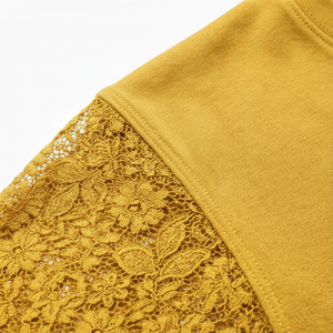 Camiseta de Cuello Redondo Color Amarillo Mostaza para Mujer, con Paneles de Encaje en las Mangas, Top Casual de Manga Corta, Tejido Sólido, para Verano - Product Image 4