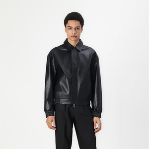 Chaqueta Bomber de Cuero Vacuno Negro para Hombre, Cuello Camisero, Cierre de Cremallera, Corte Regular, Estilo Casual para Otoño, Color Sólido - Product Image 1