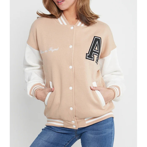 Veste universitaire beige avec manches blanches, lettre A brodée, fermeture à boutons, longueur standard, pour l'automne - Product Image 1