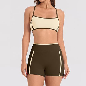 High Elastic Solid Front Logo Women Activewear Set High Waisted Workout Shorts <b>Camisole</b> Sports Bra Yoga Set Four-Way Stretch - Product Image 1