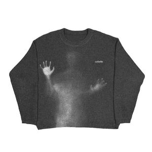 Black Long Sleeve T-Shirt <b>Men</b> Punk Style Oversized Cotton Knitted O-Neck Front Print Regular Fit Autumn Wear - Product Image 5