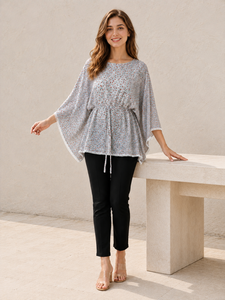 Wholesale <b>Grey</b> Printed Kaftan Top Batwing Sleeve Drawstring Waist Ladies Summer Blouse Round Neck Casual Beach <b>Women's</b> Sets - Product Image 6