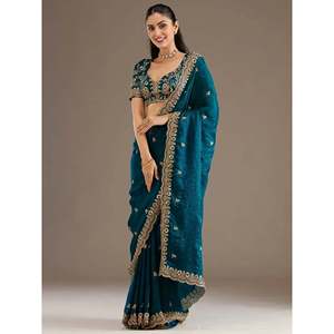 Robes pour la mère de la mariée, élégantes robes de soirée en soie brodée bleue avec un sari et une blouse - Product Image 2