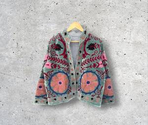 Floral Embroidered Cotton <b>Jacket</b> <b>Women</b> Stand Collar Full Sleeve Prairie Chic <b>Spring</b> Outerwear Handmade Open Stitch Suzani Coat - Product Image 4