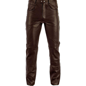 Moto Biker Style Leather Pants Men <b>Slim</b> Fit High Waist Solid Brown Full Length Trousers With Zippers - Product Image 4