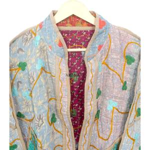 Vintage Quilted <b>Kantha</b> <b>Jackets</b> 100% Cotton Eco-Friendly Reversible Quick Dry Mandarin Collar Customizable Open Closure Detail - Product Image 2