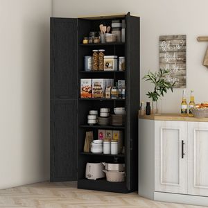 Distressed Black 4-Door Freestanding <b>Kitchen</b> <b>Pantry</b> Cabinet Solid Wood and Metal with Adjustable Shelves and Doors - Product Image 2