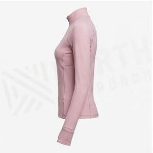 <b>Women's</b> Pink Ribbed Long Sleeve Quarter-<b>Zip</b> Yoga <b>Top</b> Breathable Spandex Polyester Sportswear - Product Image 3