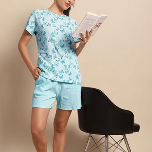 Women's Light Blue Butterfly Printed <b>Short</b> Sleeve <b>Top</b> <b>And</b> <b>Shorts</b> <b>Set</b> Casual Spring Summer Wear 100% Cotton Breathable Loose Fit - Product Image 5