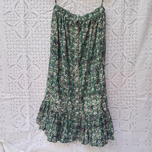 Botanical Block Print Cotton Womens Maxi <b>Skirt</b> Button Front Elastic Waist Ruffle Hem Green Floral <b>Boho</b> Handcrafted Full <b>Skirt</b> - Product Image 6