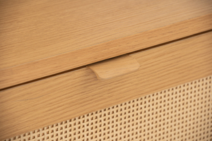 Sleek Modern Walnut Finish Media Console with 2 Rattan Sliding Doors <b>Open</b> Shelf Cable Management for Living Room Home Theater - Product Image 4