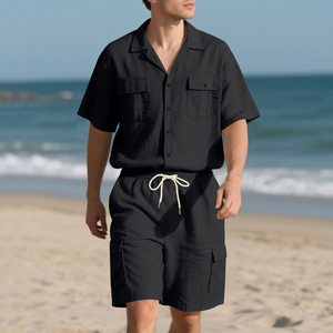 Ensemble chemise décontractée en coton gris pour homme, manches courtes, boutonnée, avec short cargo, tenue d'été respirante en tissu tissé - Product Image 2