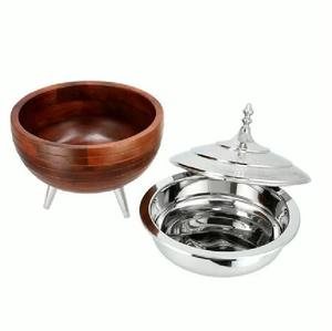 Vintage Luxury Wooden Round Casserole <b>Food</b> <b>Warmer</b> with Stainless Steel Lid and Silver Legs Durable & Eco-Friendly - Product Image 2