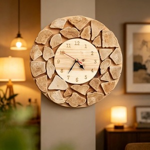 Horloge murale en bois rustique artisanale luxueuse, ronde, analogique, à quartz, silencieuse, décoration de salon - Product Image 5