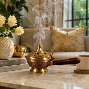 Handcrafted Engraved Brass Eco-Friendly Sandalwood Handle Arabic Resin Incense <b>Burner</b> Home Decor - Product Image 5