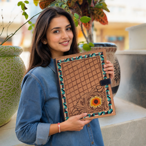 Personalized Designer Hand Tooled Portfolio <b>File</b> <b>Folder</b> Binder Multi-function Business Notebook Genuine Leather Snap Padfolios - Product Image 3