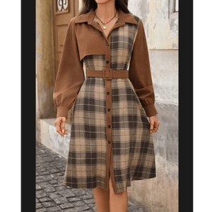 Vestido midi tipo camisa con cinturón y estampado de cuadros para mujer – Ropa informal vintage para otoño - Product Image 6