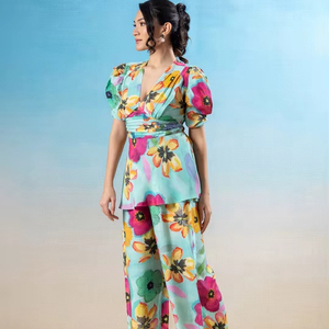 Ensemble pour femmes, manches courtes, pantalon et robe imprimée à col en V, tunique, tenue d'été formelle et confortable - Product Image 1