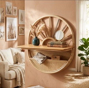 Étagère murale demi-lune en rotin artisanal avec panier de rangement tressé, organisateur suspendu décoratif pour salon, chambre d'enfant et usage domestique - Product Image 6