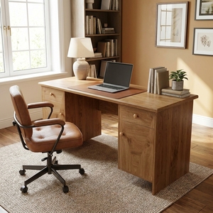 Escritorio Ejecutivo de Madera Sólida de Pino Nudoso Artesanal con Doble Pedestal, Mesa de Computadora para Oficina en Casa, Estación de Trabajo con Cajones, Acabado Natural - Product Image 3