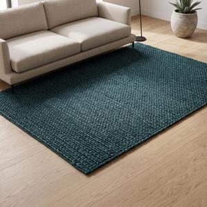 Tapis moderne en laine couleur vert sarcelle uni, tissé à la main avec un design texturé bouclé, décoration de sol naturelle pour salon et chambre à coucher - Product Image 3