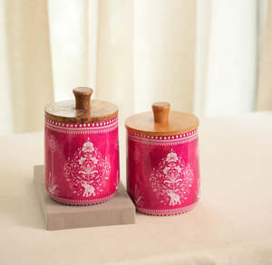 Pot de rangement en bois fait main avec couvercle en bois, motif floral rose et vert, style bohème, idéal pour offrir - Product Image 1