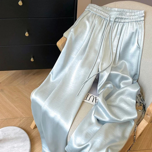 Women's Satin Wide Leg Pants Mid Waist Drawstring Loose Fit Full Length Solid Color Casual <b>Summer</b> <b>Trousers</b> - Product Image 3