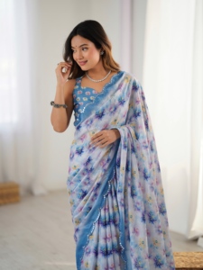 Sari de chinnon azul con estampado digital de diseño floral para mujer, ideal para bodas, con diseño estampado. - Product Image 5