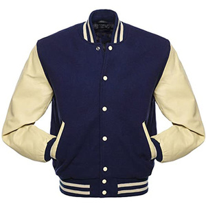 Men's Navy Blue Varsity Jacket for Sleeves Preppy Style Covered Button Closure Breathable Autumn Wear Regular Fit Turn-down - Product Image 1