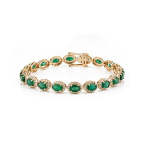 Precious <b>Gemstone</b> Luxury Emerald & Diamond Halo Wedding Tennis <b>Bracelet</b> For Unisex Bulk Custom Order 18K Yellow Gold Jewelry - Product Image 1