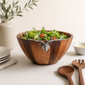 Bol à salade rustique artisanal en bois d'acacia avec accent tête de cerf en étain, élégant bol de service tête de cerf style lodge pour la table - Product Image 2
