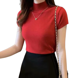 Suéter de manga corta ajustado para mujer, con cuello de botones, tejido acanalado, top básico informal, bordado frontal vintage de invierno, OEM ODM - Product Image 1