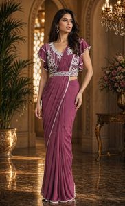 Elegant <b>Purple</b> <b>Saree</b> with Beaded Blouse Stitched Ready To Wear Sari for Women Indian Wedding Party Wear Floor Length Regular Fit - Product Image 4
