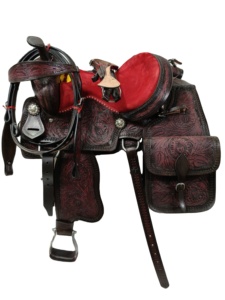 Silla de Montar Occidental de Cuero de Lujo con Asiento de Gamuza Roja y Diseño Floral Grabado a Mano | Conjunto de Silla de Montar Premium para Equitación |   Caballo Cómodo - Product Image 2