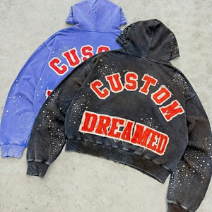 Sweats à capuche oversize zippés pour hommes, style streetwear, avec lettres brodées en appliqué, design vieilli délavé aux enzymes et orné de strass - Product Image 3