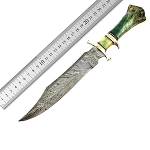 Cuchillo Bowie de Acero de Damasco Premium con Hoja Recta y Punta Clip, Duradero para Camping, Mango de Hueso Verde, Guarda de Latón, Logotipo OEM, Funda de Cuero - Product Image 2