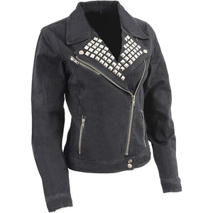 SAMROZ SPORTS Leather Women's Ladies Black Denim Jacket with Studded Spikes - Product Image 1