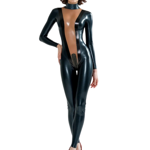 Mono de mujer negro con revestimiento de PU, manga larga, cuello alto, cintura alta, largo completo, sexy, para discoteca, ajustado, de elastano y nailon - Product Image 4