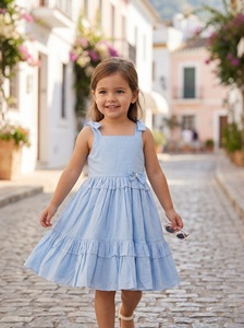 Robe trapèze sans manches en coton bleu clair pour filles avec nœud décoratif, décontractée d'été, à fines bretelles, col carré, longueur genou - Product Image 1
